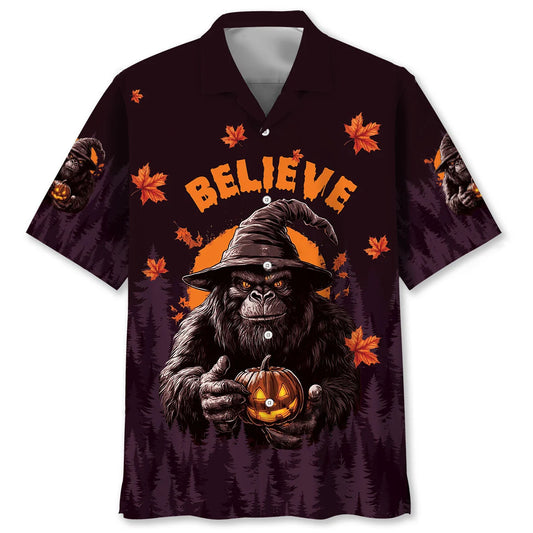Funny Bigfoot Halloween Night Believe Hawaiian Shirt - S - hawaiian shirt