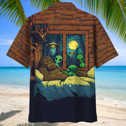 Funny Bigfoot Sleep with Alien Hawaiian Shirt