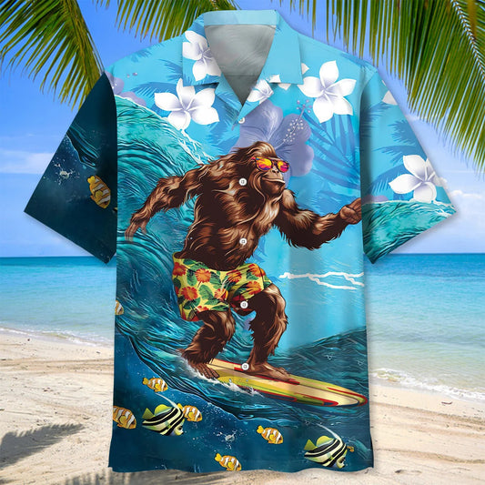 Funny Bigfoot Surfing Hibiscus Hawaiian Shirt - S - hawaiian shirt