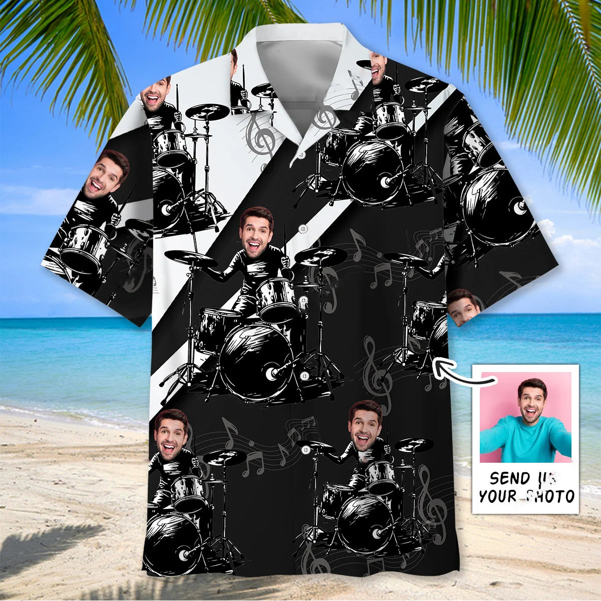 Funny Black and White Custom Face Drum Hawaiian Shirt