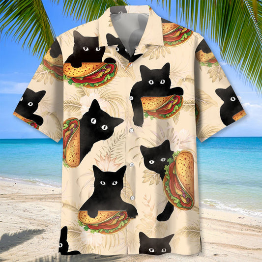 Funny Black Cat Hiding with Taco Hawaiian Shirt - S - hawaiian shirt