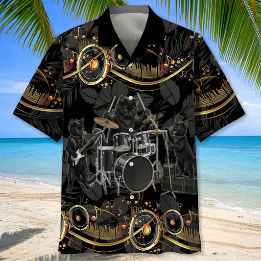 Funny Black Cat Rock Band Hawaiian Shirt - S - hawaiian shirt