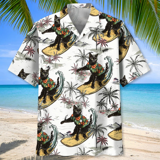 Funny Black Cat Surfing Hawaiian Shirt - S - hawaiian shirt
