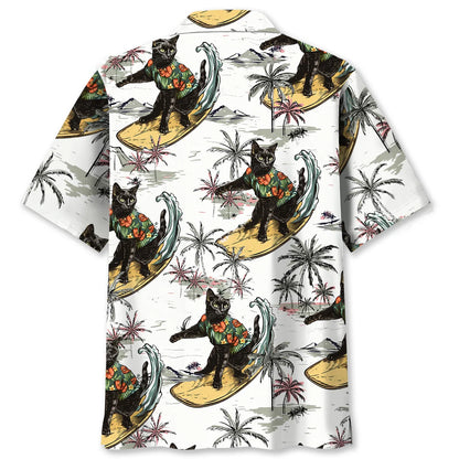 Funny Black Cat Surfing Hawaiian Shirt