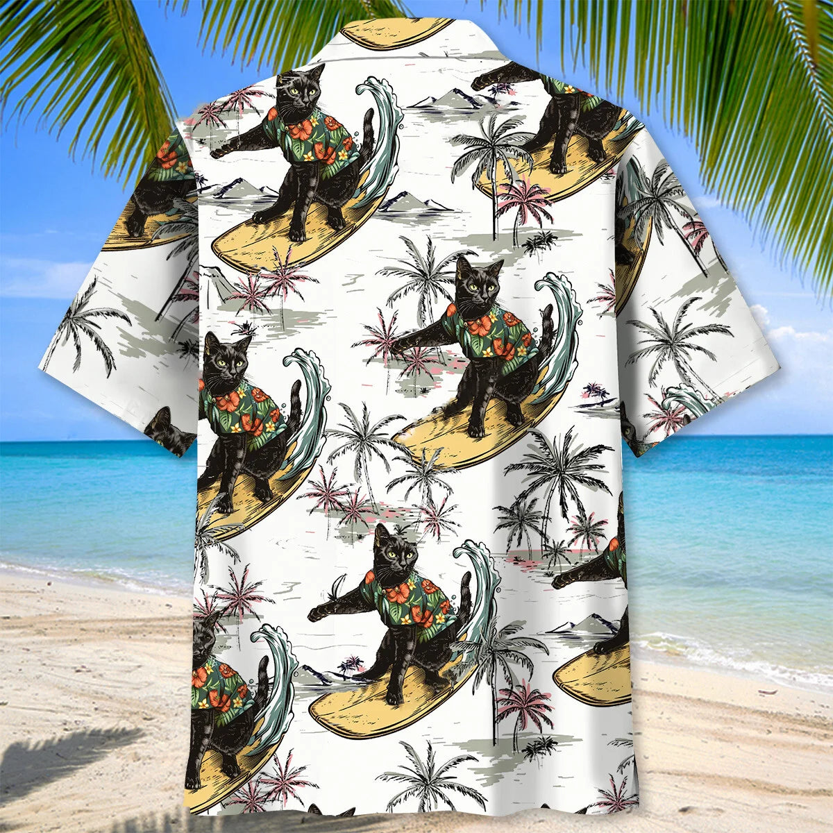 Funny Black Cat Surfing Hawaiian Shirt