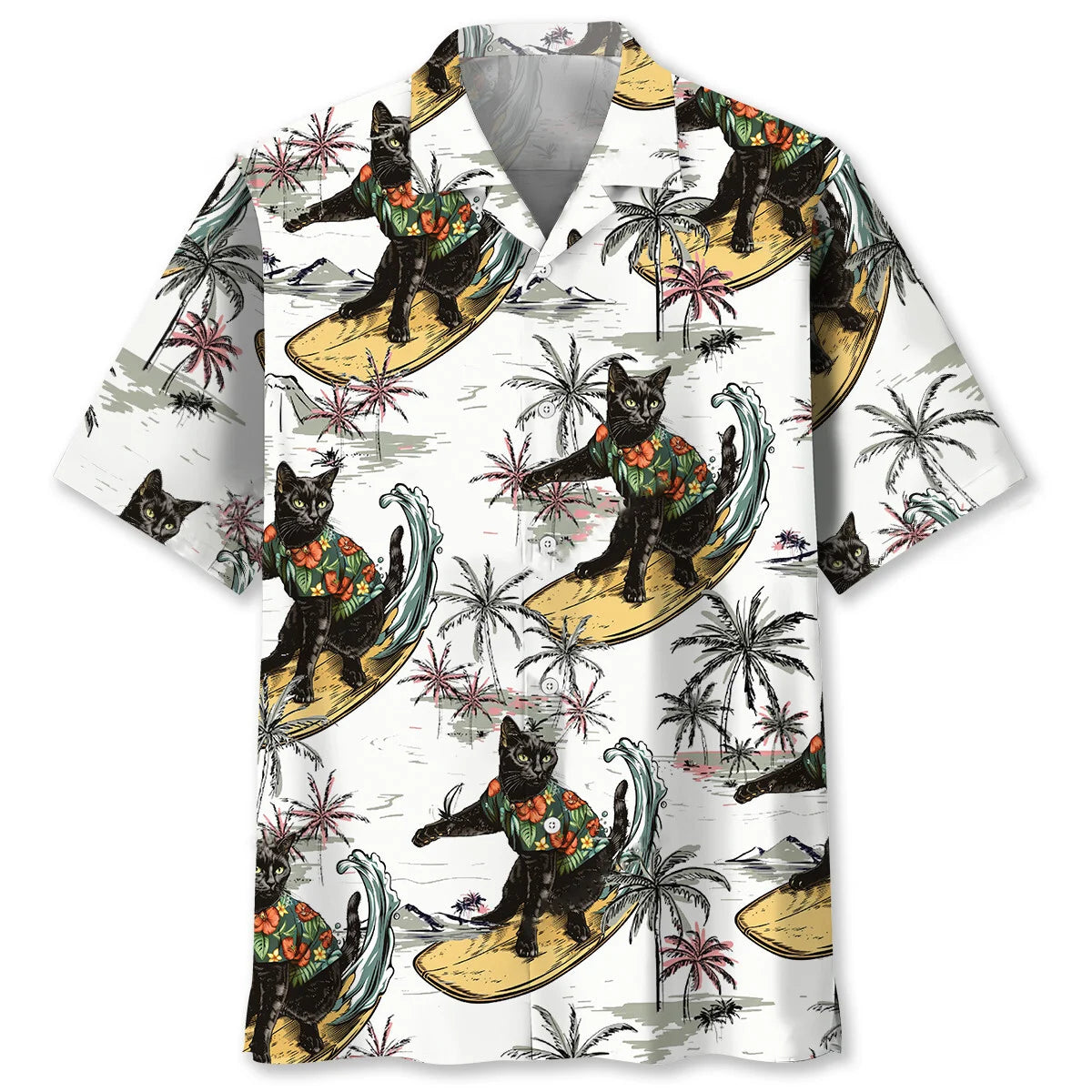 Funny Black Cat Surfing Hawaiian Shirt