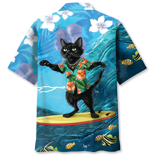 Funny Black Cat Surfing Hibiscus Hawaiian Shirt - S - hawaiian shirt