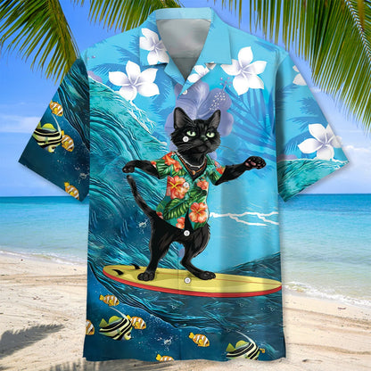 Funny Black Cat Surfing Hibiscus Hawaiian Shirt