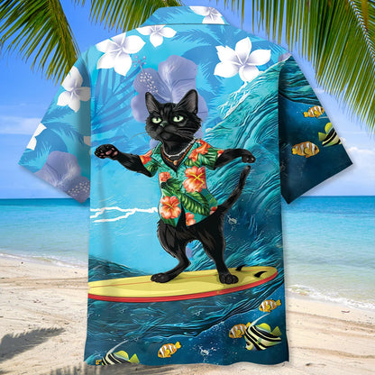 Funny Black Cat Surfing Hibiscus Hawaiian Shirt