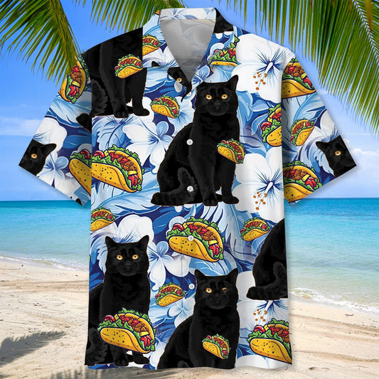 Funny Black Cat Taco Blue Hawaiian Shirt - S - hawaiian shirt