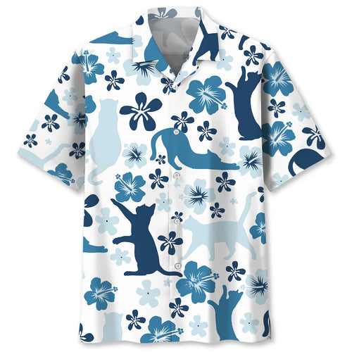 Funny Blue Hibiscus Tropical Cat Hawaiian Shirt