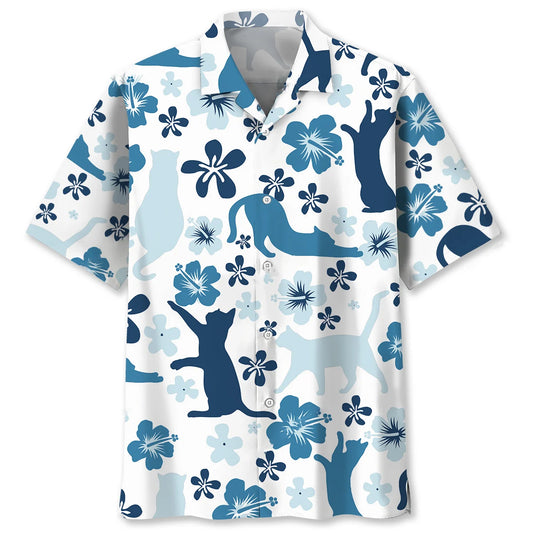 Funny Blue Hibiscus Tropical Cat Hawaiian Shirt - S - hawaiian shirt