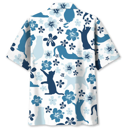 Funny Blue Hibiscus Tropical Cat Hawaiian Shirt