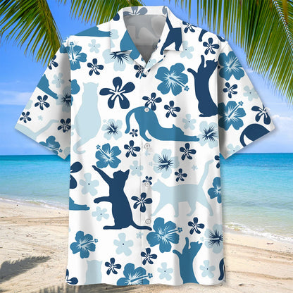 Funny Blue Hibiscus Tropical Cat Hawaiian Shirt