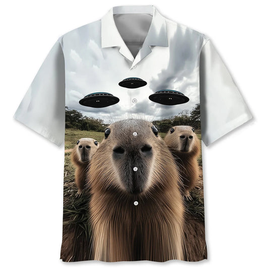 Funny Capybara Selfie with Ufos Weird - S - hawaiian shirt