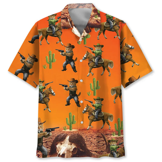 Funny Cat Cowboy Desert Hawaiian Shirt - S - hawaiian shirt