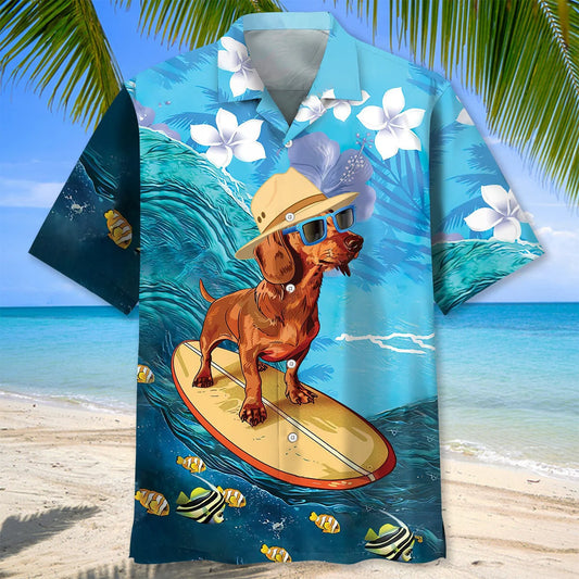 Funny Dachshund Surfing Hibiscus Hawaiian Shirt - S - hawaiian shirt