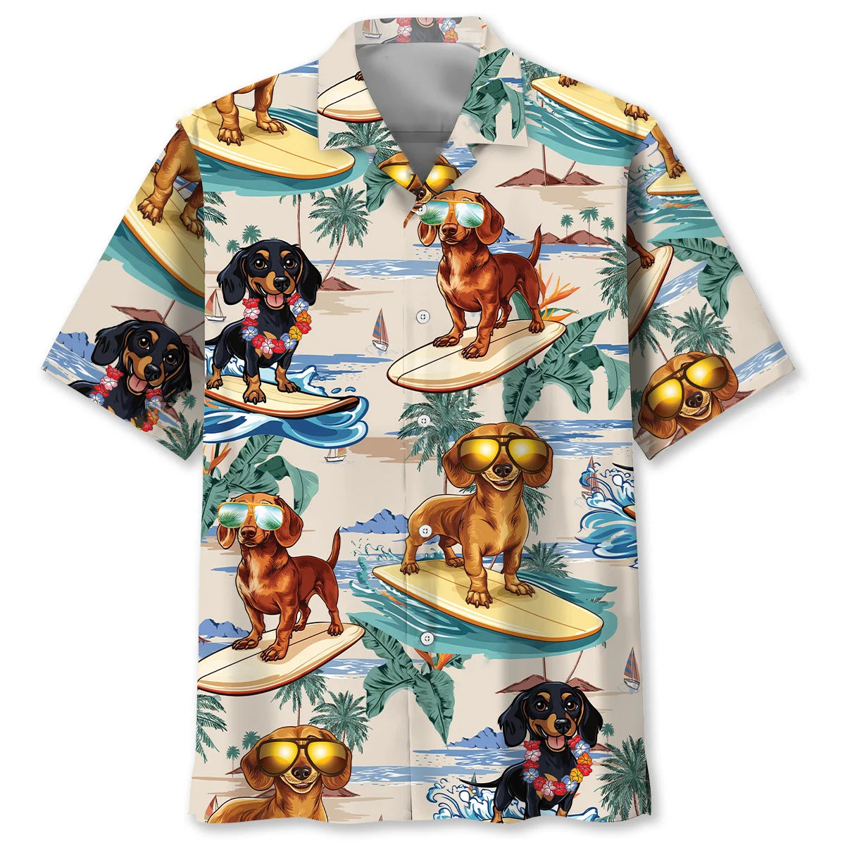 Funny Dachshund Surfing on Beach Hawaiian Shirt