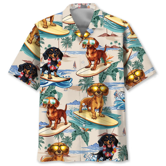 Funny Dachshund Surfing on Beach Hawaiian Shirt - S - hawaiian shirt