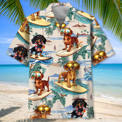 Funny Dachshund Surfing on Beach Hawaiian Shirt