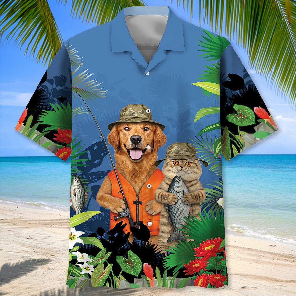 Funny Dog and Cat Fishing Hawaiian Shirt