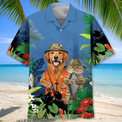 Funny Dog and Cat Fishing Hawaiian Shirt