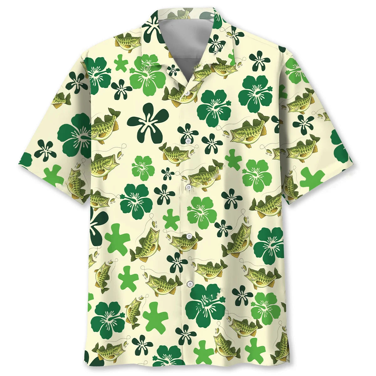 Funny Green Bass Fish Hibiscus Hawaiian Shirt