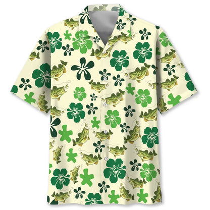 Funny Green Bass Fish Hibiscus Hawaiian Shirt