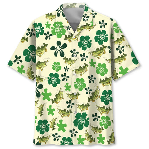 Funny Green Bass Fish Hibiscus Hawaiian Shirt