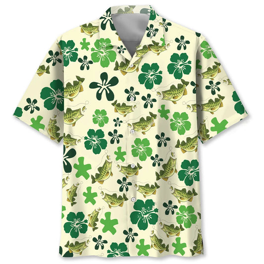 Funny Green Bass Fish Hibiscus Hawaiian Shirt - S - hawaiian shirt