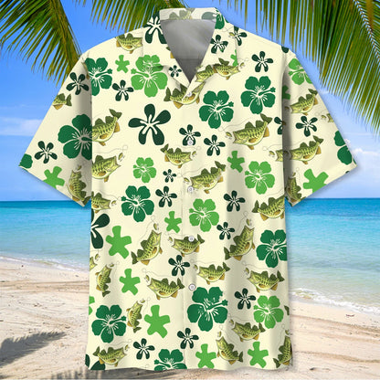 Funny Green Bass Fish Hibiscus Hawaiian Shirt