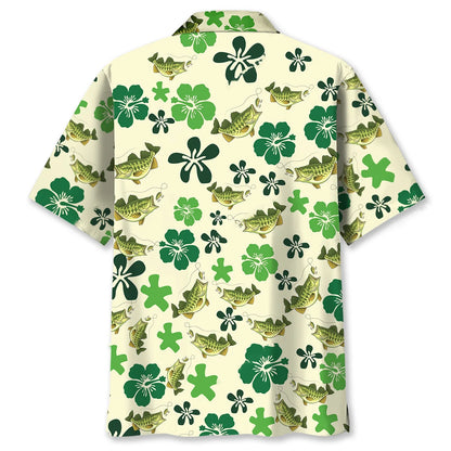 Funny Green Bass Fish Hibiscus Hawaiian Shirt