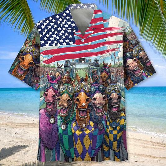 Funny Horse Racing American Flag Hawaiian Shirt - S - hawaiian shirt