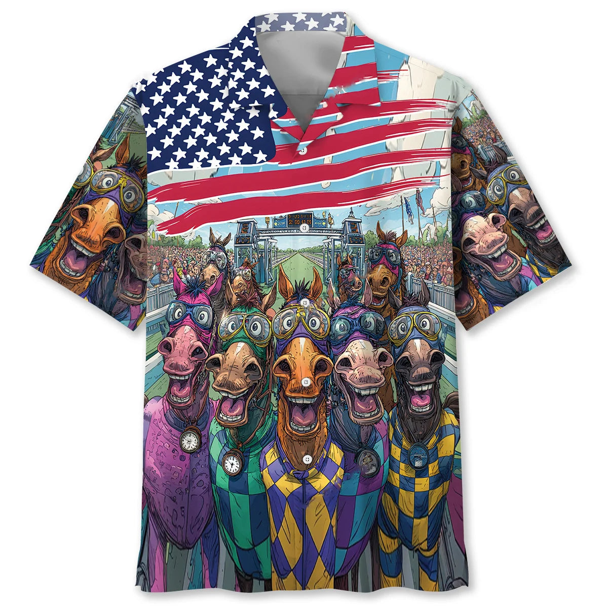 Funny Horse Racing American Flag Hawaiian Shirt