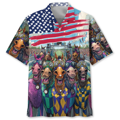 Funny Horse Racing American Flag Hawaiian Shirt