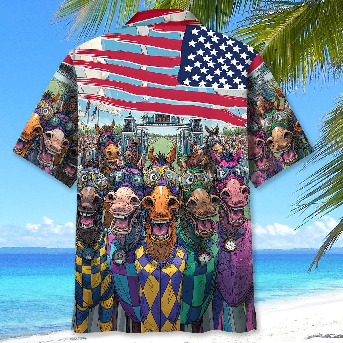 Funny Horse Racing American Flag Hawaiian Shirt