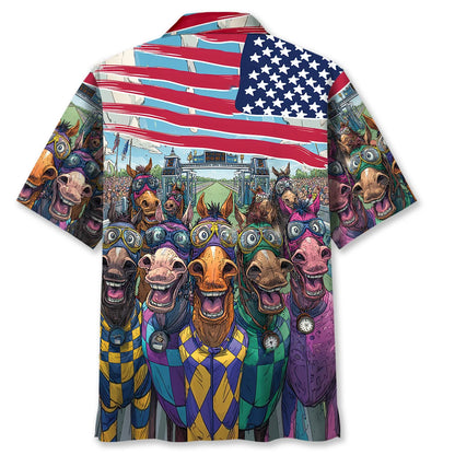 Funny Horse Racing American Flag Hawaiian Shirt