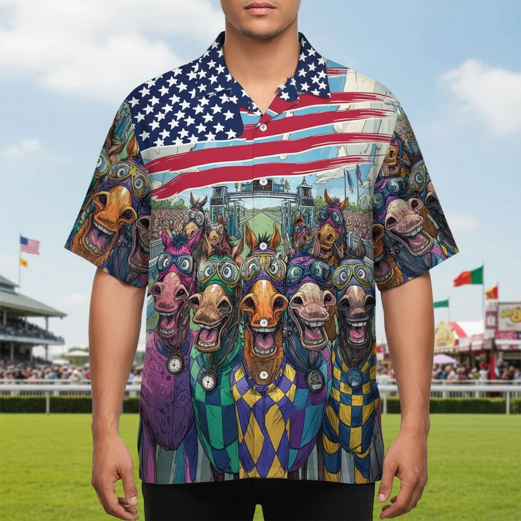 Funny Horse Racing American Flag Hawaiian Shirt