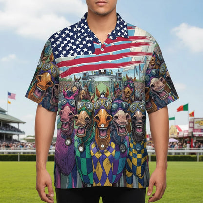 Funny Horse Racing American Flag Hawaiian Shirt