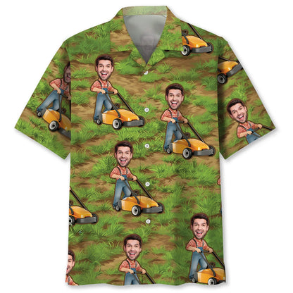 Funny Man Pushing Lawn Mower Custom Face Hawaiian Shirt
