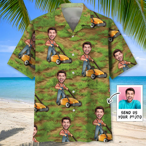 Funny Man Pushing Lawn Mower Custom Face Hawaiian Shirt - XL - hawaiian shirt