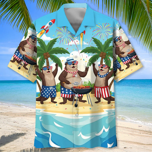 Funny Otter Proud of America Beach Hawaiian Shirt - S - hawaiian shirt
