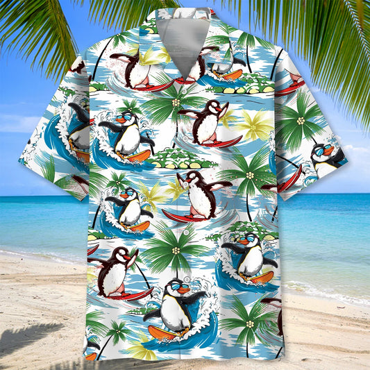 Funny Penguin Surfing Hawaiian Shirt - S - hawaiian shirt