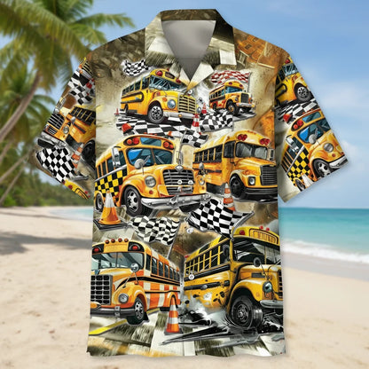 Funny School Bus Drag Racing Hawaiian Shirt