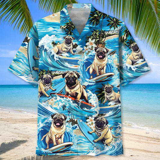 Funny Surfing Pug Hawaiian Shirt - S - hawaiian shirt