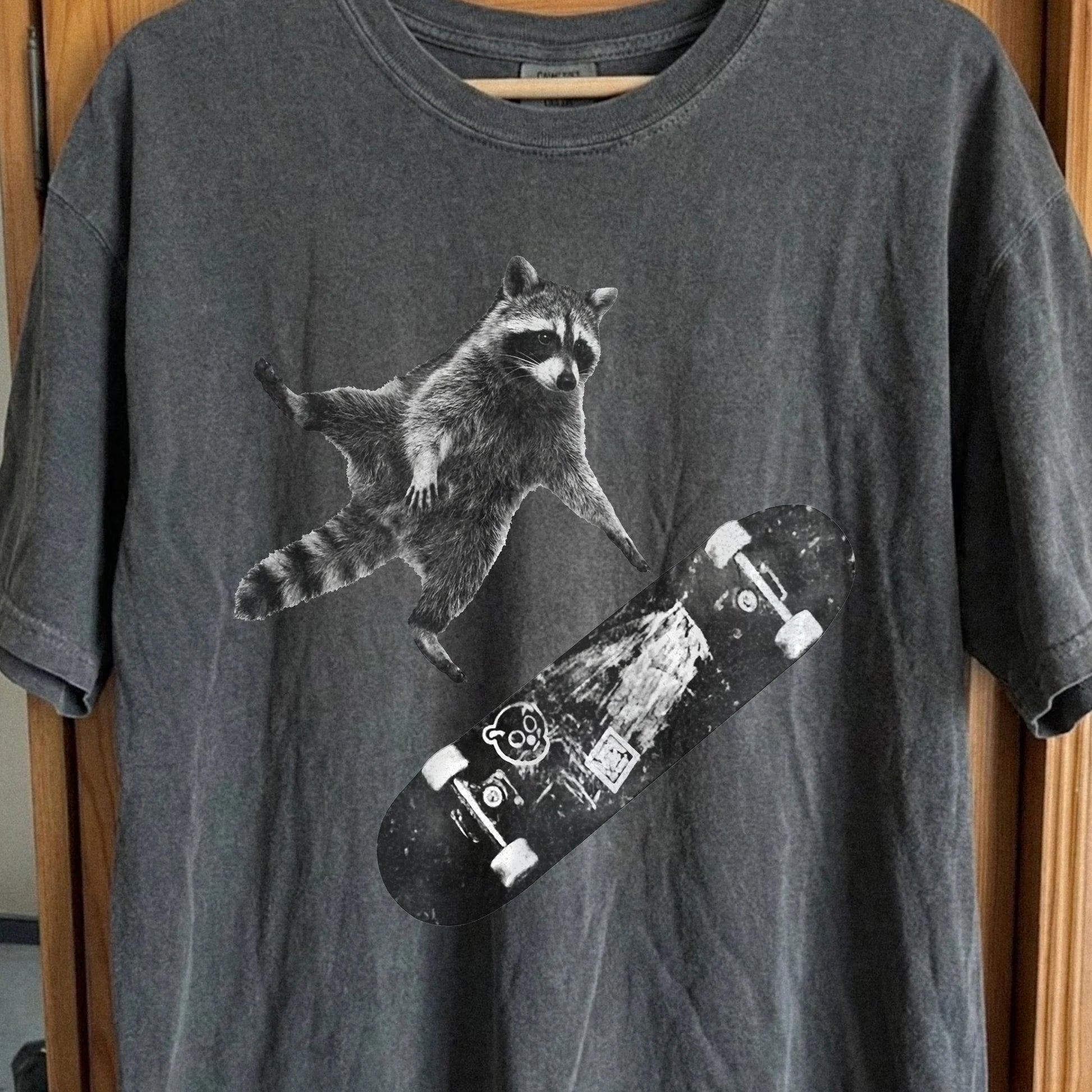 Skateboarding Raccoon Shirt – Mid Air Chaos Tee, funny meme tee gift