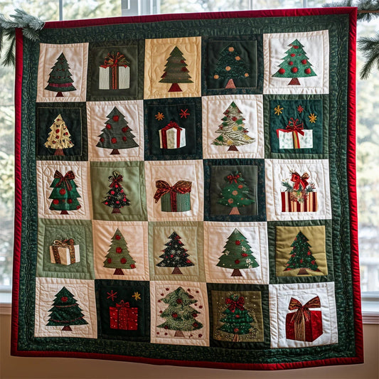 Geometric Christmas Tree And Giftboxes Quilt Blanket