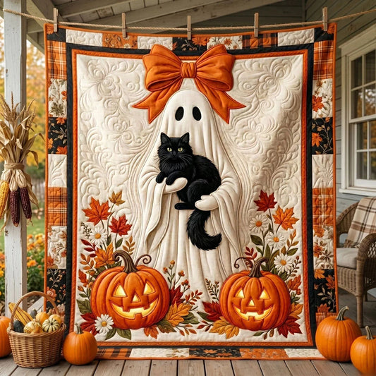 Ghost Holding Black Cat Halloween Quilt Blanket