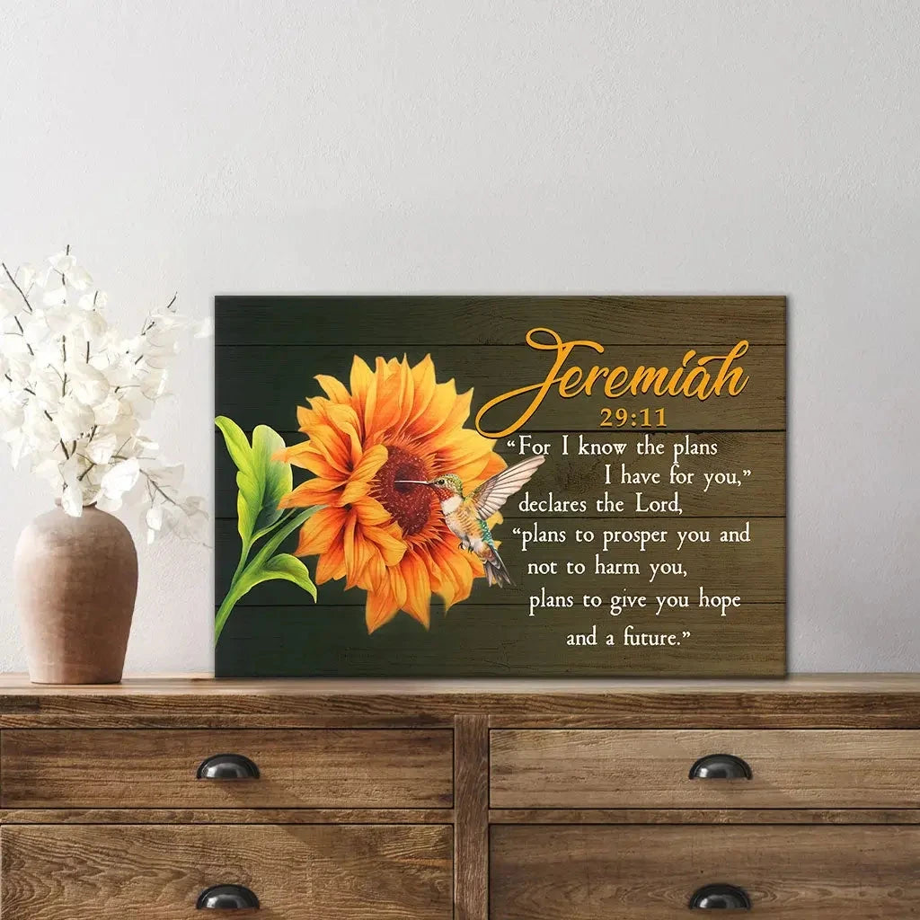 jeremiah 29 11 for i know the plans i have for you hummingbird sunflower wall art canvas (Landscape) (view 4)