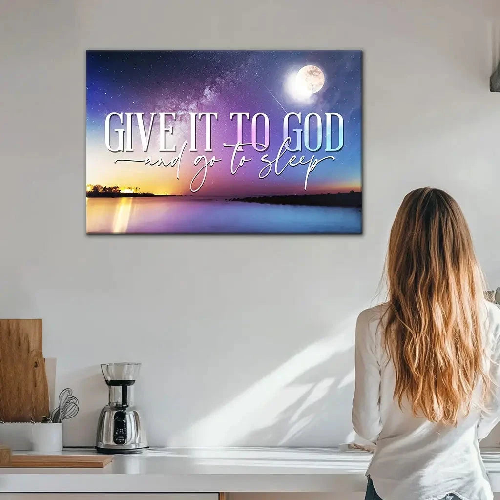 christian wall art decor give it to god and go to sleep canvas moon night sky (Landscape) (view 2)